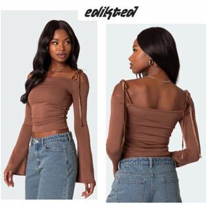 NWT Edikted Brown Velvet Tie Off Shoulder Top